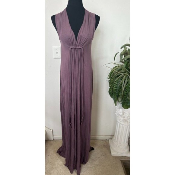 Rachael Pally Women's Purple Ruched Front Tie Deep V Neck Maxi Dress Size M - Picture 1 of 5